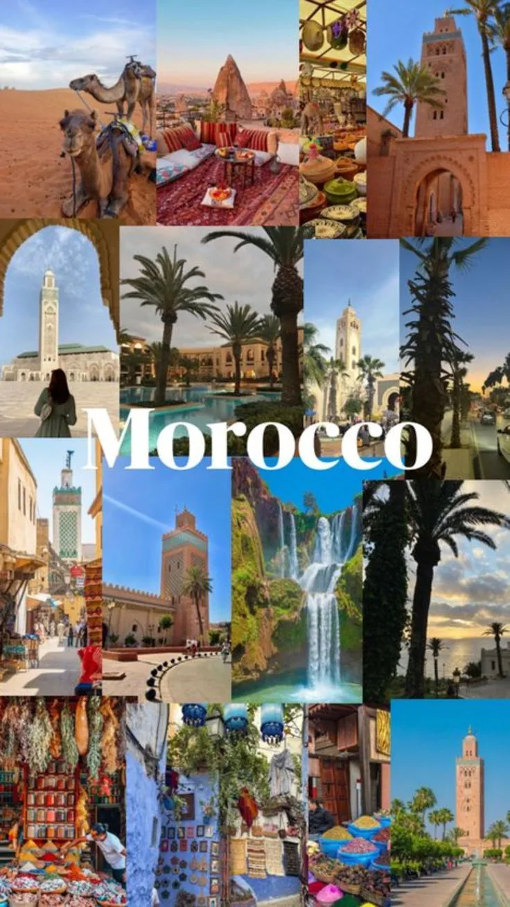 Morocco travel collage featuring architecture and blue medina streets